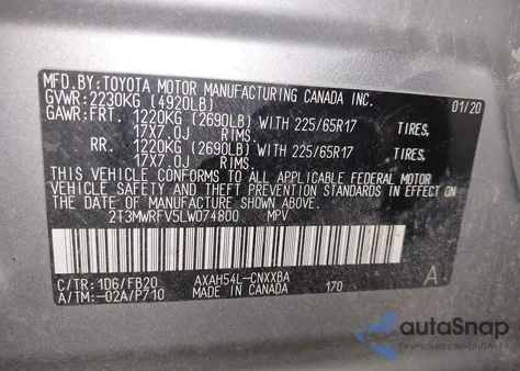 2020 Toyota Rav4 Hybrid Le from USA, damaged, VIN 2T3MWRFV5LW074800